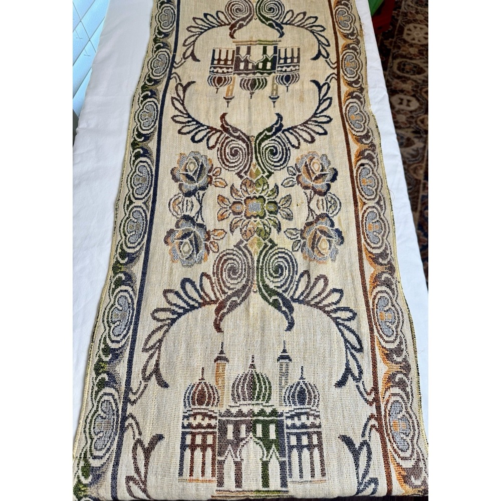 Vintage Woven Tapestry Table Runner Mosque Architecture Floral Fringed Cream